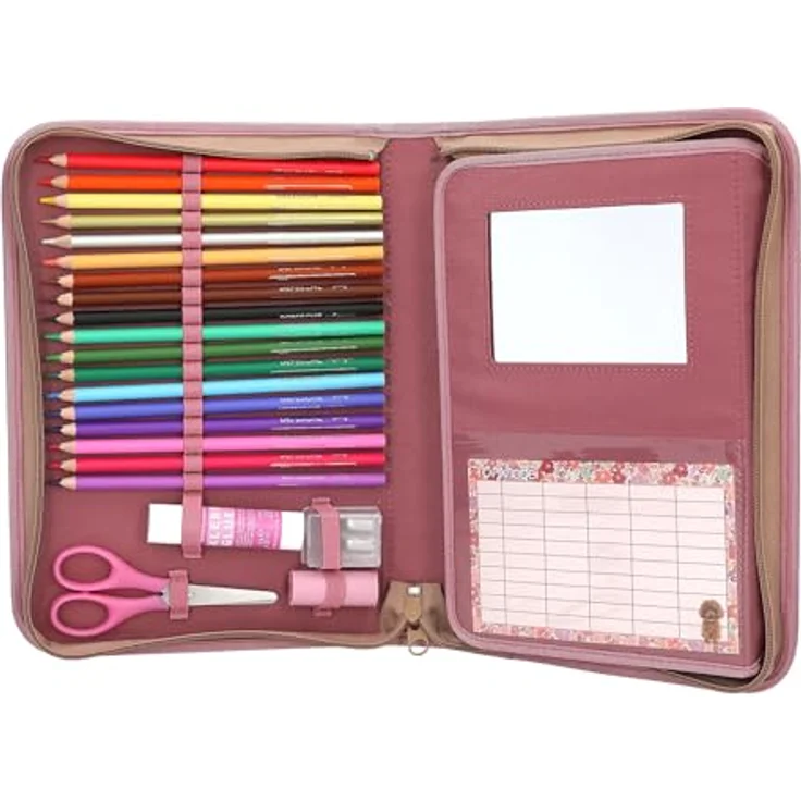 Depesche TOPModel Große Federtasche FLORAL inkl. Stifte, Beerefarben mit Model- und Hunde Motiv, Blumenmuster, rosa Glitzer, gefüllt mit 18 Bunt- und Filzstiften, 2 Bleistiften, Radierer, Anspitzer, Lineal, Schere und Klebestift – Bild 4