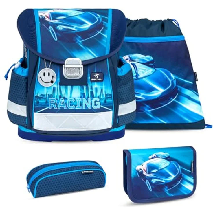 Belmil Classy Schulranzen Set 4-teilig (403-13/AG/S) Racing Blue Neon 2, leichter wasserdichter Schulranzen mit Brustgurt