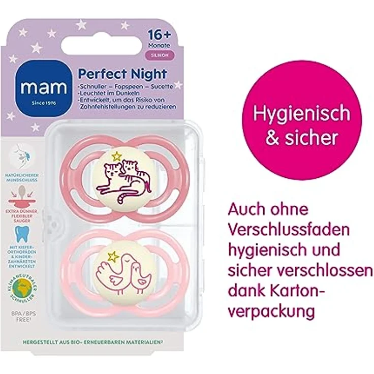 MAM Perfect Night Schnuller im 2er-Set, leuchtend im Dunkeln, zahnfreundlicher Baby Schnuller aus nachhaltigen & bio-erneuerbaren Materialien, mit Schnullerbox, 16+ Monate, Tiger/Vogel – Bild 2