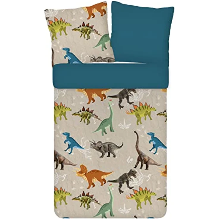 ESPiCO Bettwäsche Trendy Bedding Dinosaurier Ross Dino Saurier Urzeit Fleischfresser T-Rex Brachiosaurus Renforcé, 2-teiliges Set, 100% Baumwolle, Kinderbettwäsche, beigefarben – Bild 1