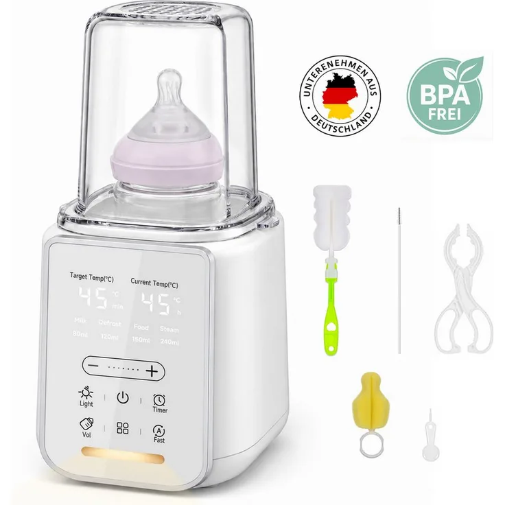 SWGOTA Babyflaschenwärmer 2026, 9-in-1 Sterilisator mit NTC, BPA-frei, für 60-240 ml, 360° Wasserbad, 48H Warmhaltefunktion, 1-24H Timer, Nachtlicht