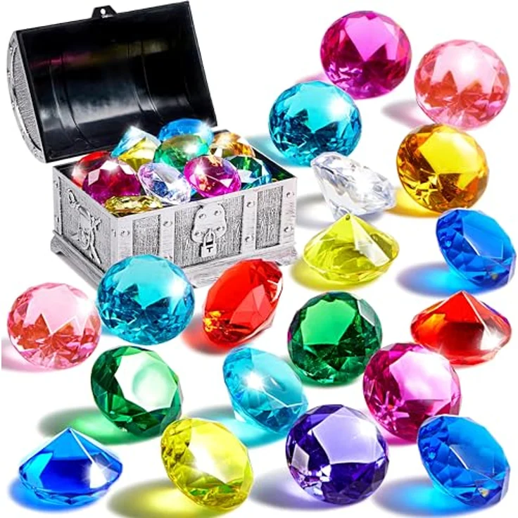 Sloosh Sloosh Tauchjuwel Pool Spielzeug, 19 bunte Diamanten mit Piraten Schatzkiste, Acryl Tauchspielzeug für Kinder, Unterwasser Edelstein in Grau – Bild 1