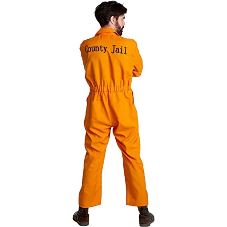 Maskworld Häftling Kostüm (L), einteiliger orangefarbener Overall mit Frontzipper und bedruckter Knastnummer – Bild 2