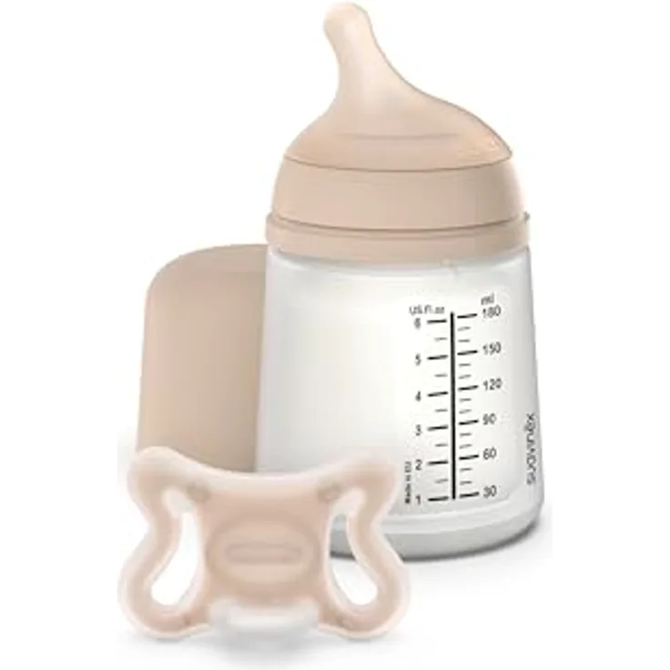 Suavinex Anti-Kolik-Flasche 180 ml mit anpassbarem Sauger (A) + Zero Zero Neugeborenen-Schnuller, Größe -2/2 Monate, für Frühgeborene, unterstützt das Stillen, medizinisches Silikon