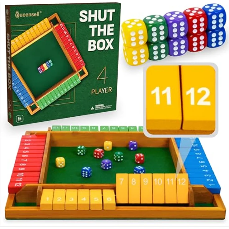 Queensell Shut The Box 4 Spieler Groß, Holzspiel 35,5 cm mit 12 Zahlen, inklusive 10 Würfeln und Aufbewahrungsbeutel, Gesellschaftsspiel für Erwachsene und Familien – Bild 1