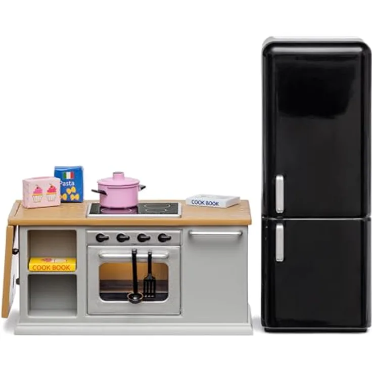 Lundby Puppenhausmöbel Herd und Kühlschrank-Set, 9-teilig in Grau und Schwarz mit LED-Beleuchtung und Küchenaccessoires