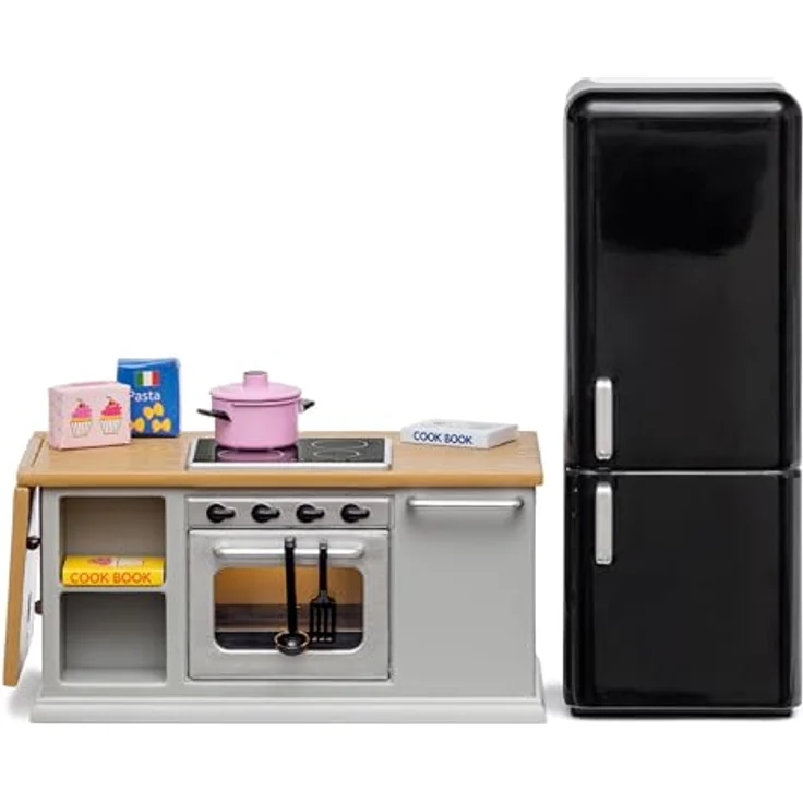 Lundby Puppenhausmöbel Herd und Kühlschrank-Set, 9-teilig in Grau und Schwarz mit LED-Beleuchtung und Küchenaccessoires – Bild 1