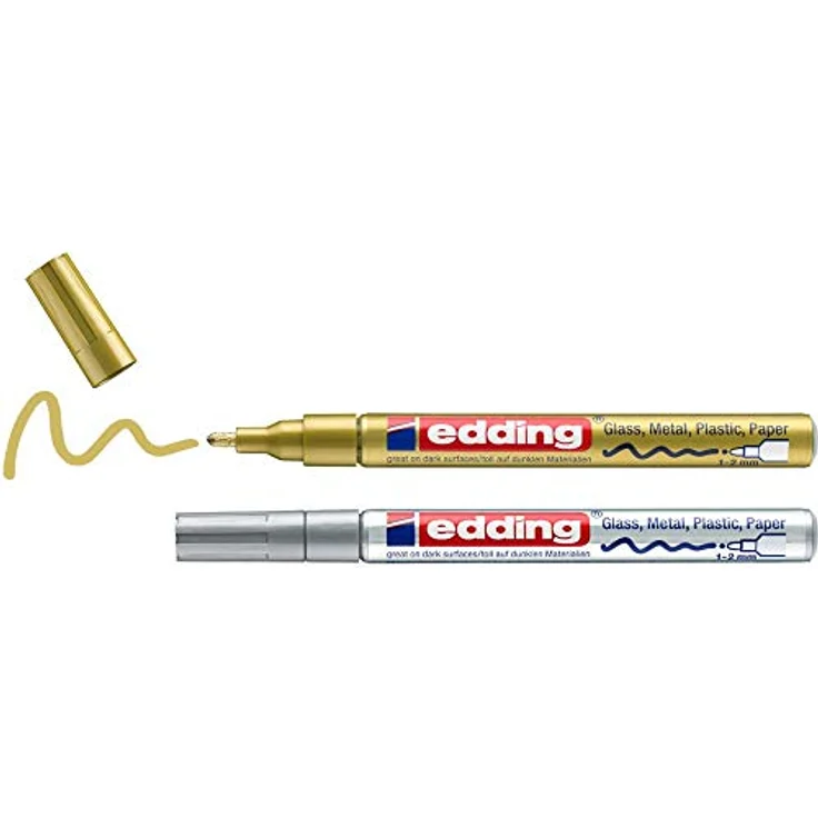 edding 751 Glanzlackmarker - gold, silber - Packung mit 2 Lackmarkern - Rundspitze 1-2 mm - Lackstift für Glas, Stein, Holz, Kunststoff und Papier - wasserfest, stark deckend – Bild 1