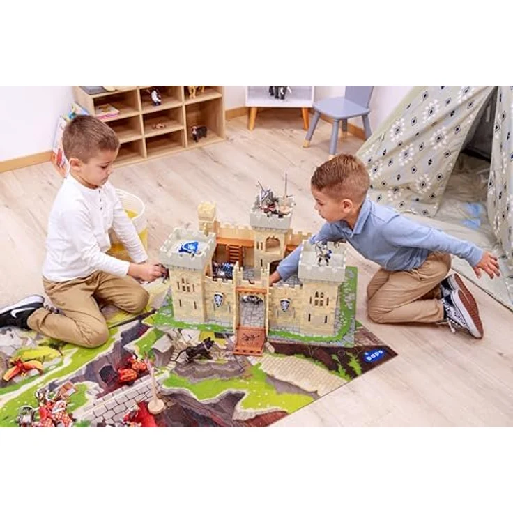 Papo Ritterburg des Waffenmeisters, Erweiterbares Mittelalter-Spielset mit Zugbrücke, Holzdesign für Papo-Figuren, inkl. Fahnen & Schilde, für Kinder ab 3 Jahren, 60002 – Bild 5