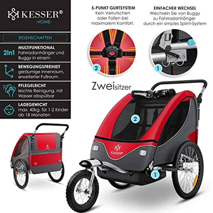 KESSER® Cruiser Kinderanhänger Fahrradanhänger 360° Drehbar mit Federung 2in1 Joggerfunktion Kinderfahrradanhänger + 5-Punkt Gurt Jogger Fahrrad Anhänger für 1 bis 2 Kinder max. 40kg Rot – Bild 3