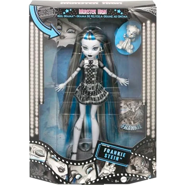 Mattel® Monster High Reel Drama Frankie Stein Anziehpuppe, schwarz-weiß, beweglich mit Hund Watzie und Filmpostern – Bild 6