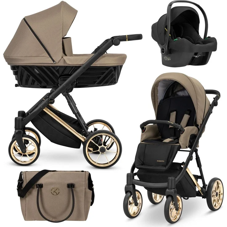 Kunert Ivento Premium 3in1 Kombikinderwagen, Braun mit Goldrahmen, große Babywanne, leichte Aluminiumkonstruktion, geländetaugliche Räder