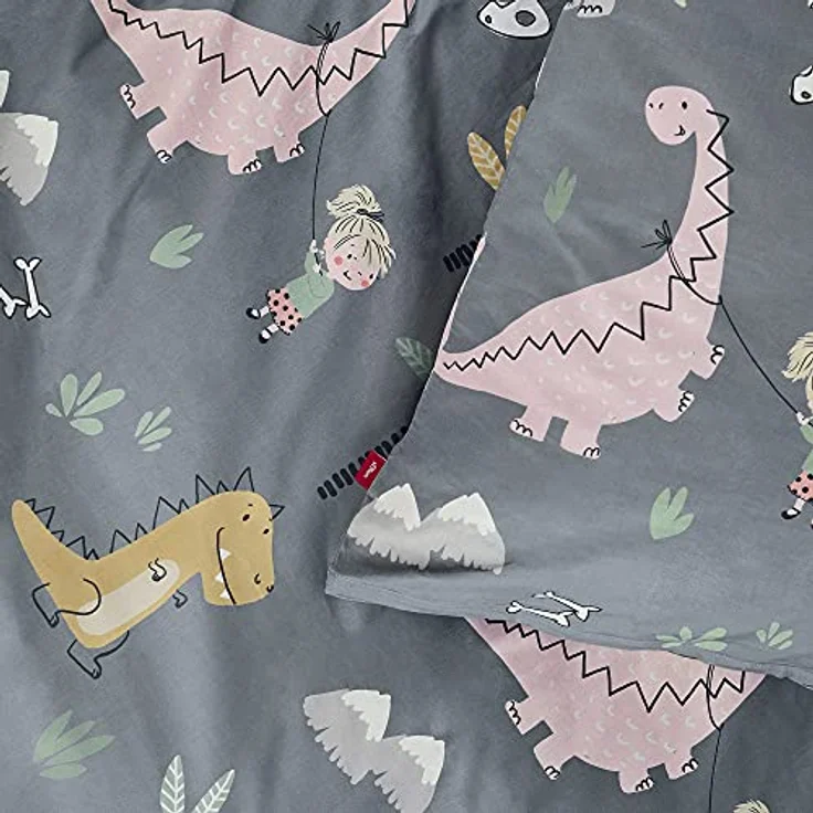 s.Oliver Kinderbettwäsche Dino 100x135 cm - 100% Baumwolle, praktischer Reißverschluss & maschinenwaschbar, Bettwäsche für Kinder 2tlg. Dinosaurier grau – Bild 3