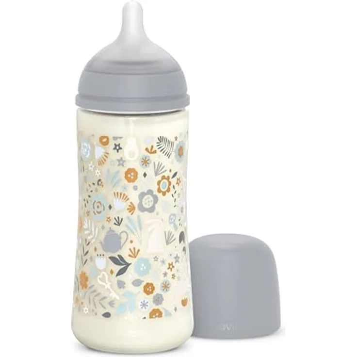 Suavinex Babyflasche 360 ml, mit physiologischem SX Pro Silikon-Sauger und Antikolik-Ventil, für Babys ab 6 Monaten, dickflüssiger Fluss-Sauger (L), Wonderland Blumen, Blau