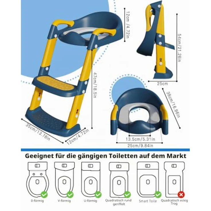 Xespis Kinder Toilettensitz mit Treppe, rutschfeste Toilettenleiter für Kinder, einstellbar und klappbar, Blau/Gelb – Bild 5