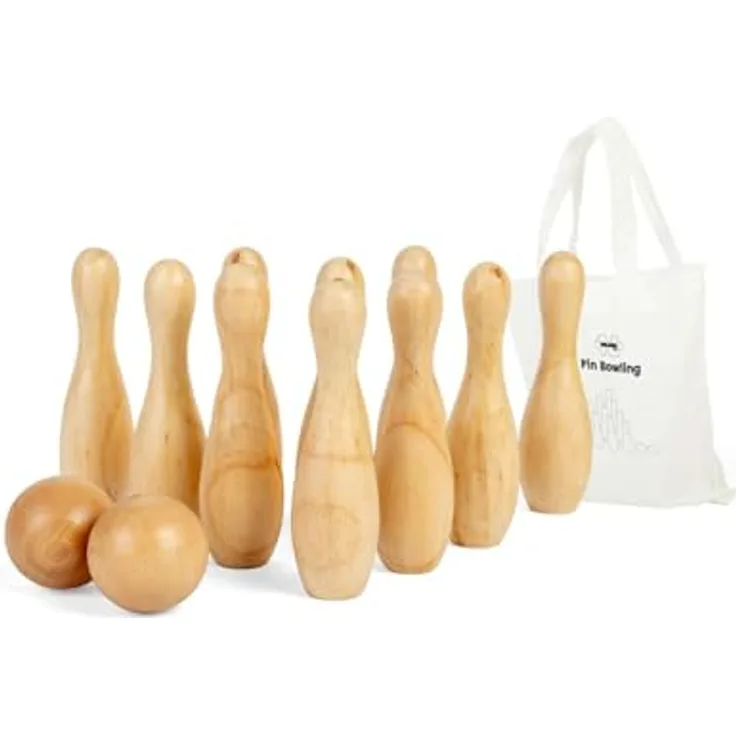 Bigjigs Toys Bowling-Set, 12-teiliges Holzkegelspiel mit 10 Pins und 2 Bällen, umweltfreundliches Gartenset für Kinder ab 2 Jahren