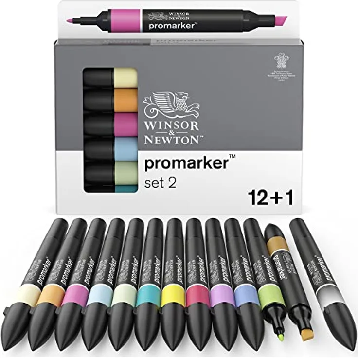 Winsor & Newton 0290138 ProMarker, Professioneller Layoutmarker - 2 Spitzen, fein und breit für Zeichnungen, Design und Layouts - 13 Farben Set 2