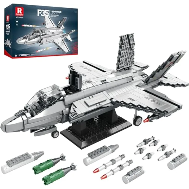 Reobrix F-35 Militär-Kampfjet Bausatz 33021, Lightning II Joint Strike Fighter, 1600 Bausteine, detailliertes Modell mit 18 abnehmbaren Raketen und Cockpit, für Erwachsene und Militär-Fans