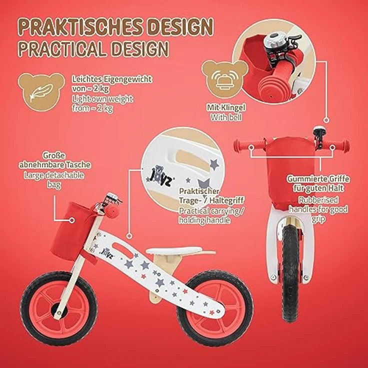Joyz Laufrad aus Holz, Rot, Lauflernrad für Kinder ab 2 Jahren, Holzlaufrad mit Verstellbarer Sitz, pannensicheren 11 Zoll-Eva-Räder, Kinderfahrrad Kinderlaufrad mit Stoffbeutel, Klingel & Tragegriff – Bild 3