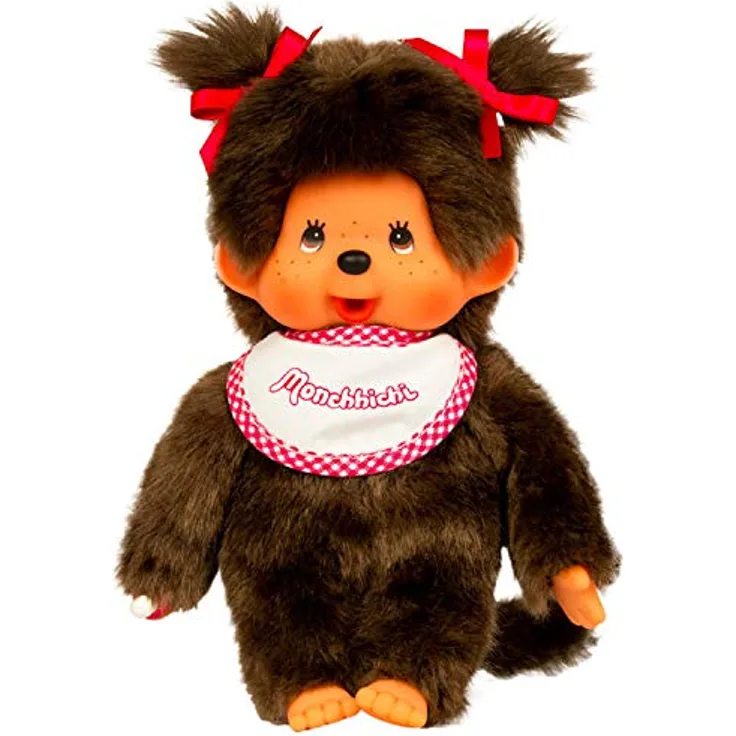 BANDAI Monchhichi 25555, Kuscheltier in Rose mit klassischem Lätzchen und vielfältigen Designs