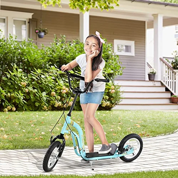 HOMCOM Kinderroller Tretroller höhenverstellbar, 12 Zoll Luftreifen, stabiler Cityroller für Jungen und Mädchen ab 5 Jahren, hellblau – Bild 2