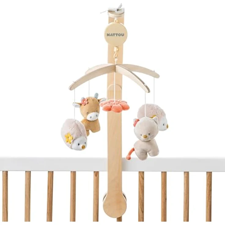 Nattou Mobile Igel, Kuh und Katze mit Spieluhr und Wiegelied "La-Le-Lu", Beige, 65 x 31 cm, aus Holz und Velours, für Baby-Betten und Laufgitter – Bild 1