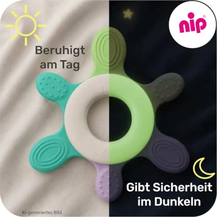 nip Glow Beißring Baby Zahnungshilfe, leuchtend im Dunkeln, ergonomisch, sanfte Massageoberfläche, ab 3 Monate – Bild 3