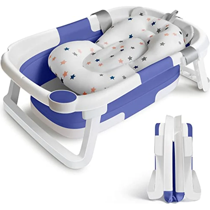 Baby Badewanne Faltbare Babybadewanne Kinder, Neugeborene Baby-Plastikbadewanne mit faltbaren Anti-Rutsch-Beinen Zusammenklappbare Badewanne für das Baden von Kleinkindern | Blau und Weiß - Preisvergleich – Bild 2