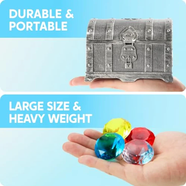 Sloosh Sloosh Tauchjuwel Pool Spielzeug, 19 bunte Diamanten mit Piraten Schatzkiste, Acryl Tauchspielzeug für Kinder, Unterwasser Edelstein in Grau – Bild 5