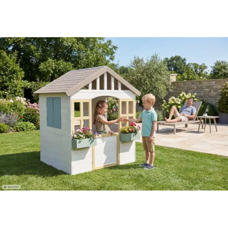 WONDERMAKE® Design Kinder Spielhaus Holz mit magnetischer Tür und 2 Pflanzkästen, wetterfest, 115x101x130 cm, weiß grau bunt – Bild 2
