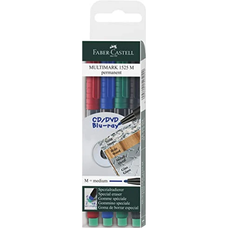 Faber-Castell 152504 - Marker MULTIMARK permanent, Stärke: M, 4er Etui, Inhalt: je 1x rot, blau, grün, schwarz – Bild 1