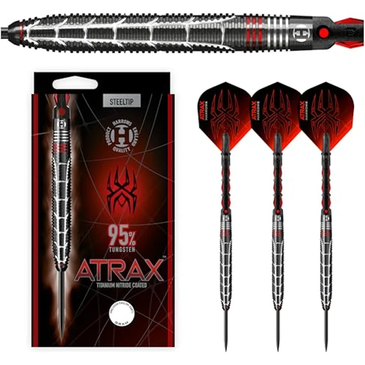 Harrows Atrax 95% Tungsten Darts, Darts-Set mit Stahlspitze, 6 Gewichte (21g-26g), Carbon ST-Schäfte & 100 Micron Atrax Red Flights – Bild 1
