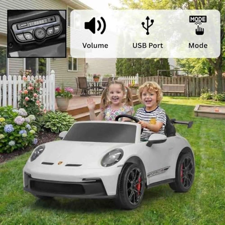 Beneo Motors Elektrisches Kinderauto Porsche 911 GT3, 24V mit 4x4-Antrieb, zwei Sitzen, 2,4-GHz-Fernbedienung, USB/AUX-Eingang, 200W-Motoren, Federung, Lithium-Batterie, LED-Leuchten, weiß – Bild 4