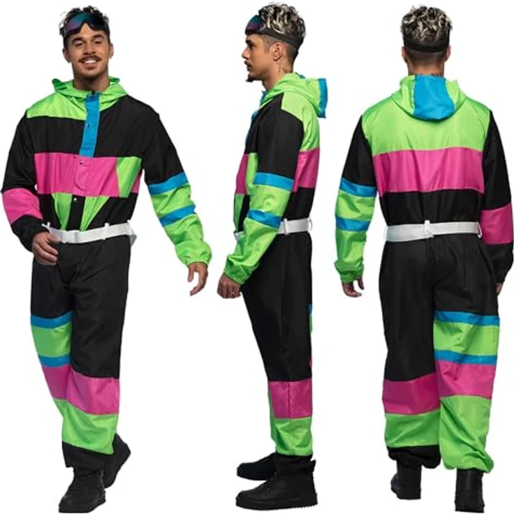 Boland 80er Jahre Skianzug für Damen, Retro-Overall mit Gürtel und Skibrille, Größe M – Bild 2
