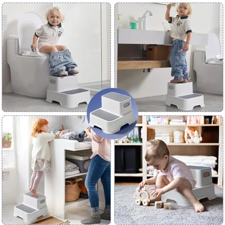 DEANIC Toilettensitz für Kinder mit Tritthocker, weicher Sitzpolster und Spritzschutz, grau, 2 Kissen und 1 Bürste – Bild 5