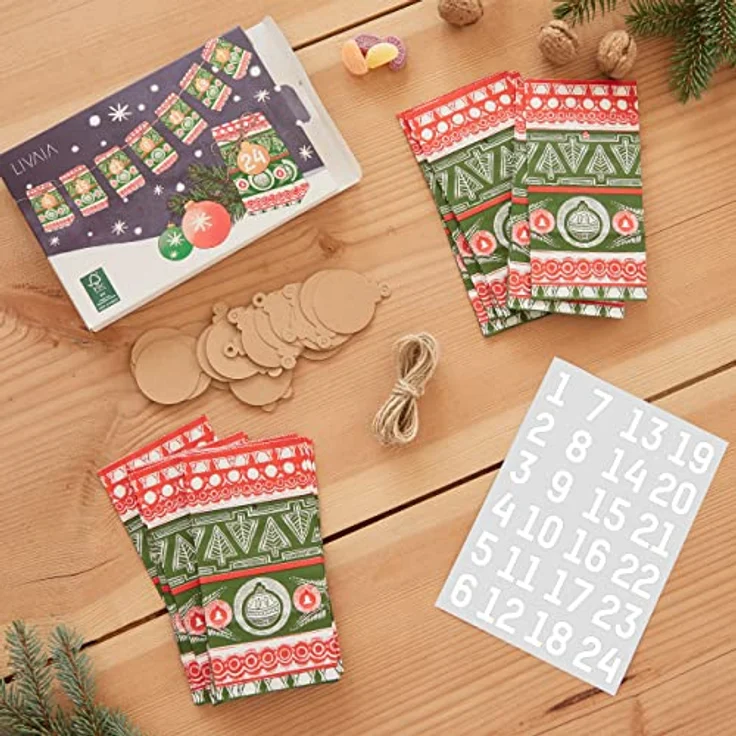 LIVAIA Adventskalender Tüten zum Befüllen, Papiertüten klein – Weihnachtliche Motive, DIY Set 2023 – Bild 2
