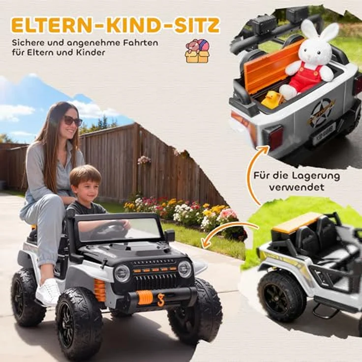 AIYAPLAY AIYAPLAY Kinder Elektroauto, 12V elektrisches Kinderfahrzeug mit Fernbedienung, 2 Motoren, LED-Lichtern, Musik und Eltern-Kind-Sitz, Weiß, für 3-8 Jahre – Bild 4