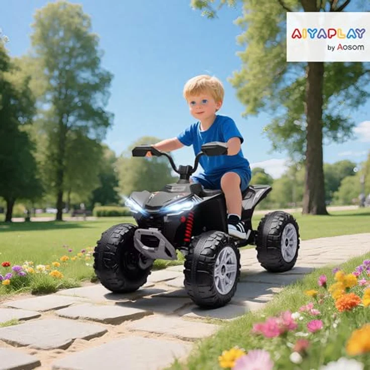 AIYAPLAY 24V Elektro Quad für Kinder, Zweisitzer mit Vorwärts- und Rückwärtsfunktion, 4 gefederte Räder, Scheinwerfer, USB- & MP3-Anschluss, 4-6,5 km/h, Schwarz – Bild 2