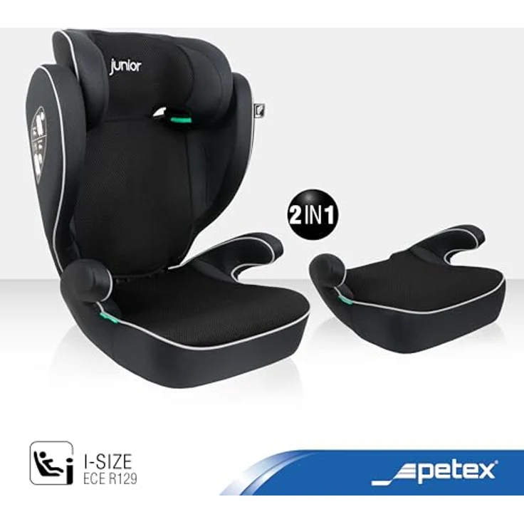 Petex Basic 1500, Kindersitz schwarz HDPE, ECE R129/i-Size Norm, höhenverstellbare Kopfstütze, abnehmbare Rückenlehne, einfache Befestigung mit Fahrzeuggurt – Bild 2