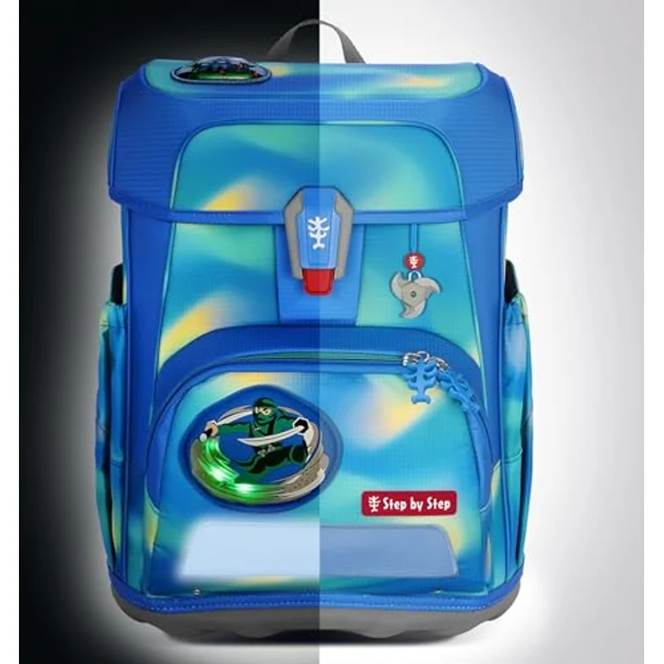 Step by Step Schulranzen-Set Cloud Flash „Ninja Zazu“, 5-teilig, ergonomischer Tornister in Blau mit reflektierenden Elementen, höhenverstellbar mit Hüftgurt, 19L für Jungen ab der 1. Klasse – Bild 4