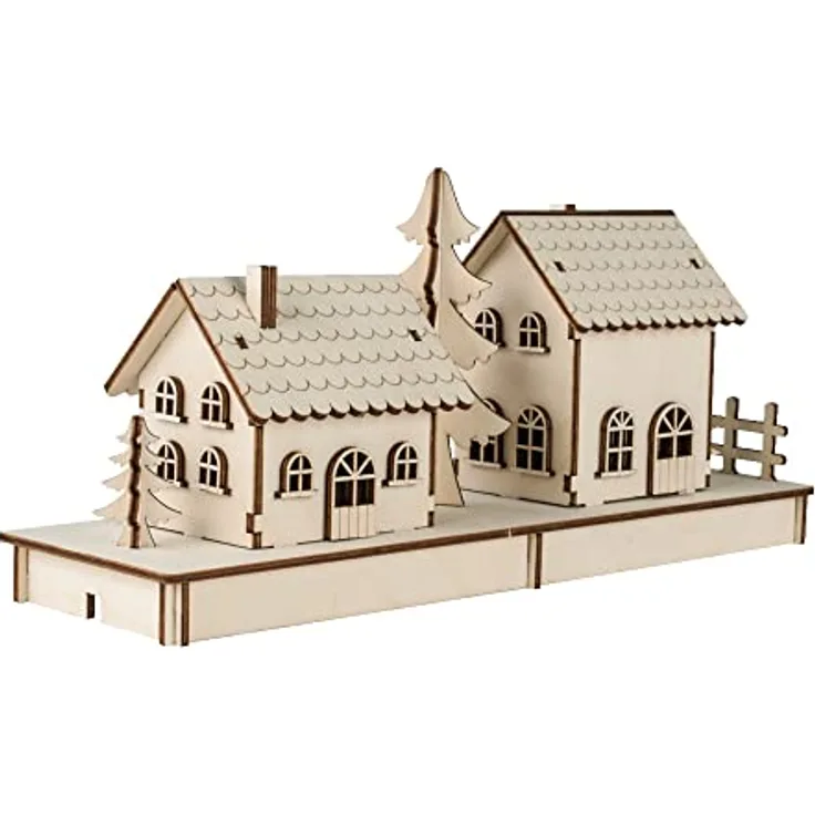 Rayher Holzbausatz Häuschen, 3D-Bausatz Holz, FSC zertifiziert, natur, 31,7x9,4x14cm, Set 52 Teile, 46300000