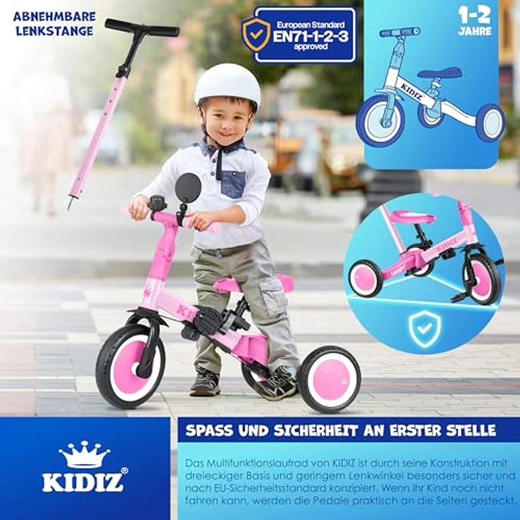 KIDIZ® 6in1 Laufrad Dreirad Rosa | Lauffahrrad Kinder ab 1-5 Jahre | Sicherheitsbügel Sicherheitsgurt Klingel & Spiegel | Wachstumsanpassung & Straßentauglichkeit – Bild 4