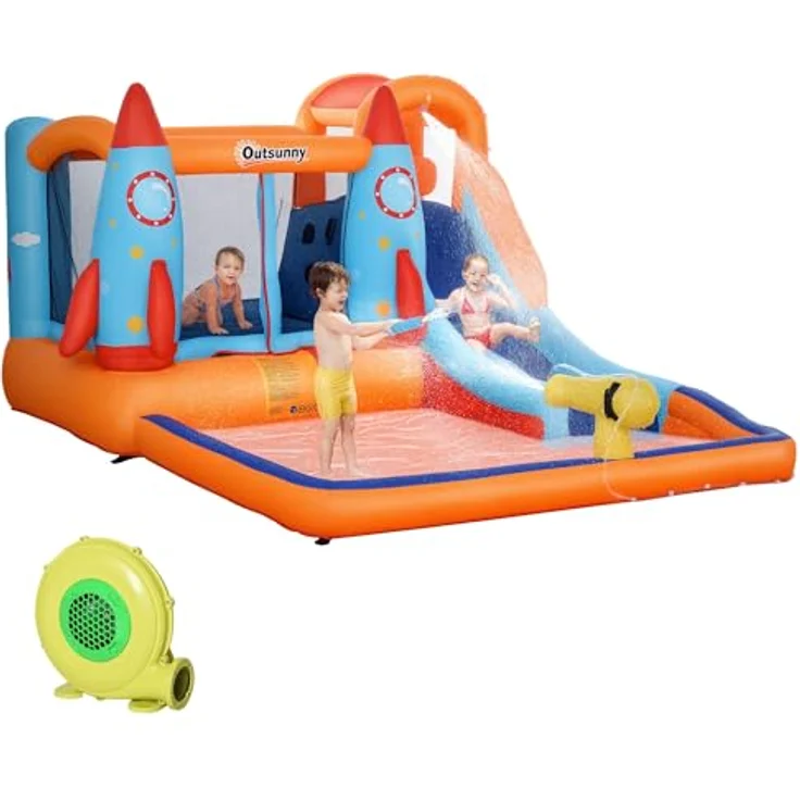 Outsunny Aufblasbare Hüpfburg mit Rutsche für 4 Kinder, Spielhaus mit Gebläse und Raketenmuster, Oxford-Polyester-Gewebe, mehrfarbig, 350 x 250 x 185 cm – Bild 1