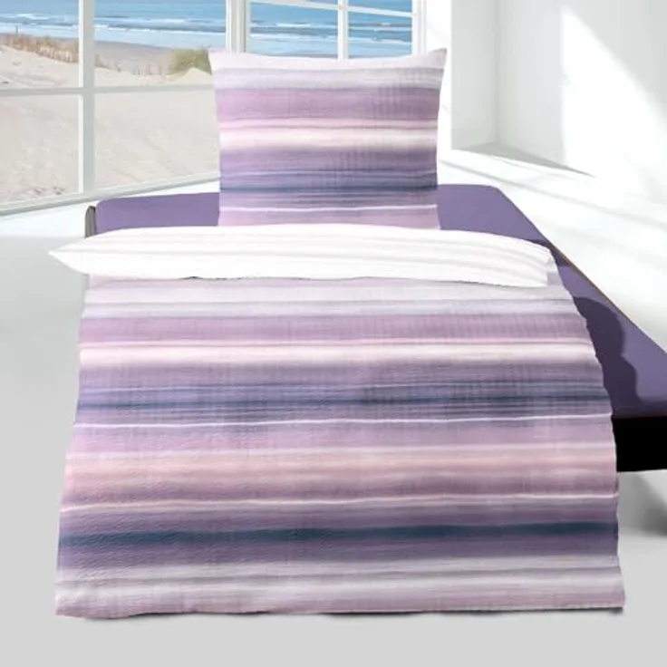 Traumschlaf Seersucker Bettwäsche Tilburg Plum - Leichte Sommerbettwäsche mit Streifenmuster, 135 x 200 cm - Hochwertig und pflegeleicht