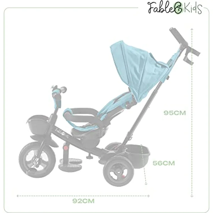 FableKids 5in1 Dreirad Noemi mit Schubstange ab 18 Monate bis 25kg, Vorwärts und Rückwärtsfahrt, PU-Reifen, Freilauf geräumiger, Korb, Tasche, Getränkehalter - Türkis – Bild 8
