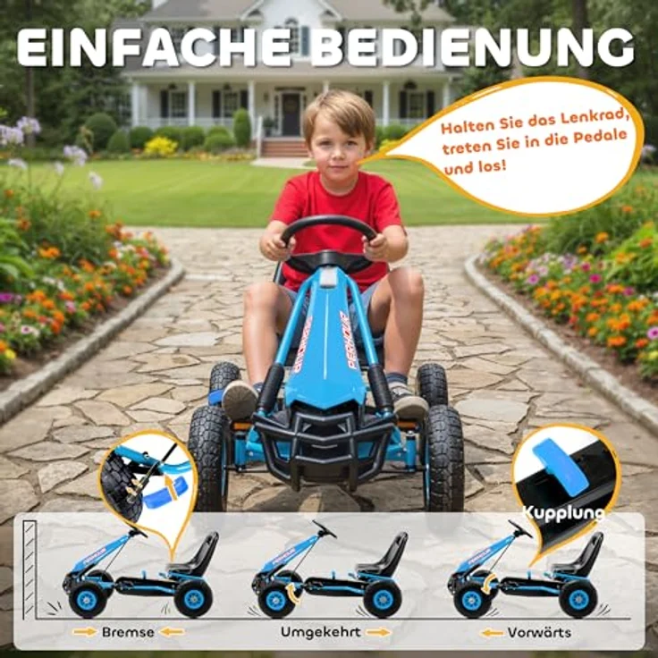 AIYAPLAY Go-Kart Tretauto mit verstellbarem Sitz, Handbremse und Vor- und Rückwärtsgang, für Kinder 3-8 Jahre, Blau – Bild 3