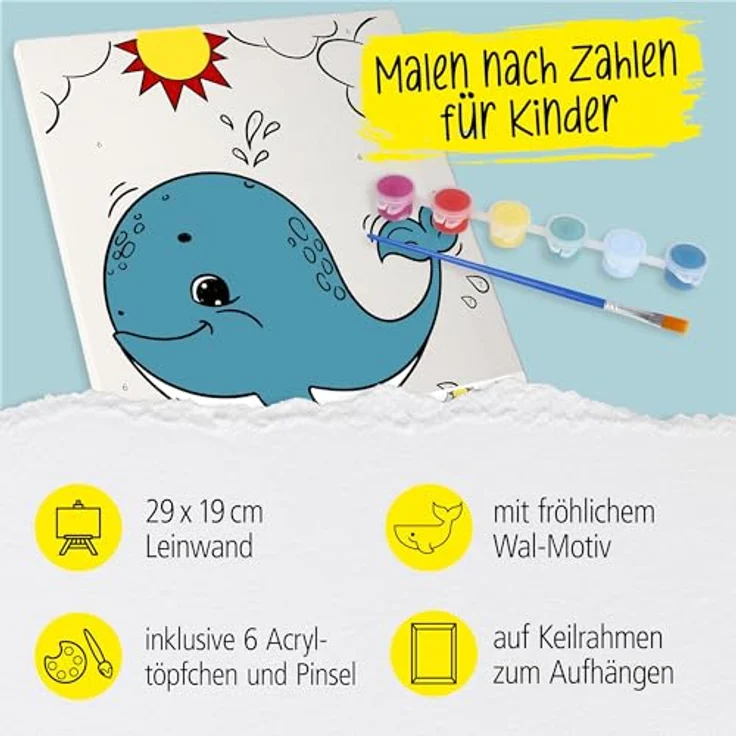 Online Pen Malen nach Zahlen Leinwand-Malen für Kinder (mit Farbtöpfchen & Pinsel), Motiv Wal, 19x29 cm – Bild 2