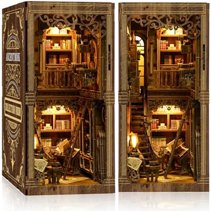 Cuiwos Book Nook Bausatz (Klassische Edition) – DIY Miniatur-Holzpuzzle mit LED-Beleuchtung, Vintage Bücherzimmer als 3D-Puppenhaus-Buchstütze für kreative Dekoration