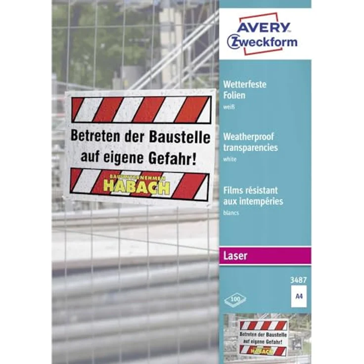 AVERY Zweckform 3487 Wetterfeste Folien, A4, 100 Bogen, extrem strapazierfähig und bedruckbar, weiß – Bild 1
