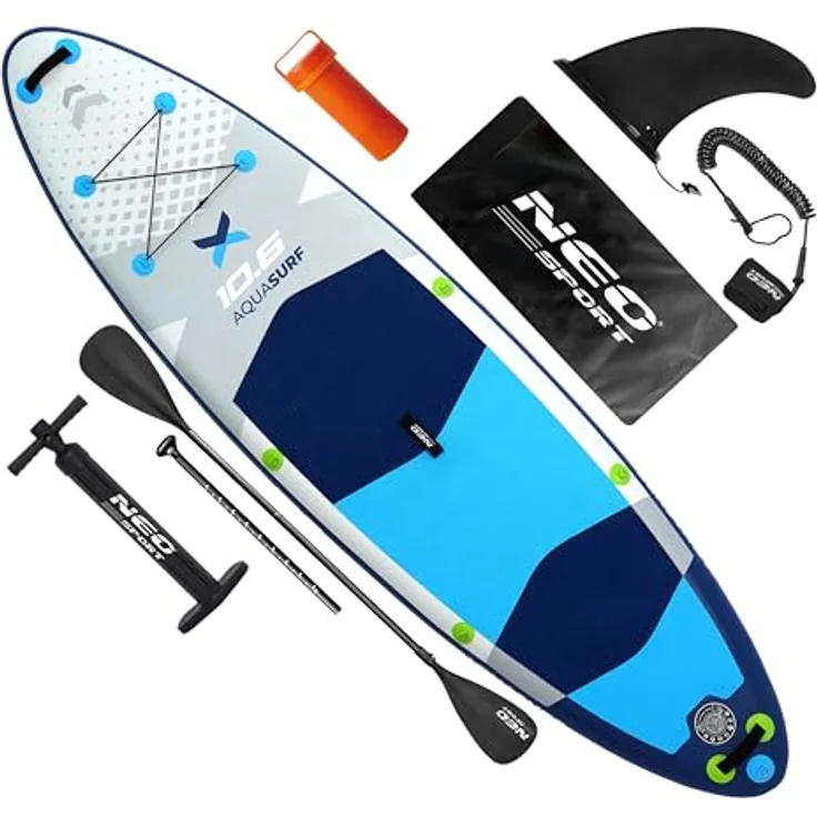 Neo-Sport Aquasurf 10.6, Aufblasbares Stand Up Paddle Board Set 320 cm mit Zubehör, rutschfestem EVA-Deck, für bis zu 140 kg Tragkraft, inkl. Handpumpe, Aluminium-Paddel und Rucksack